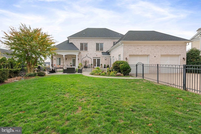 back of house featuring a garage, central AC unit, and a lawn