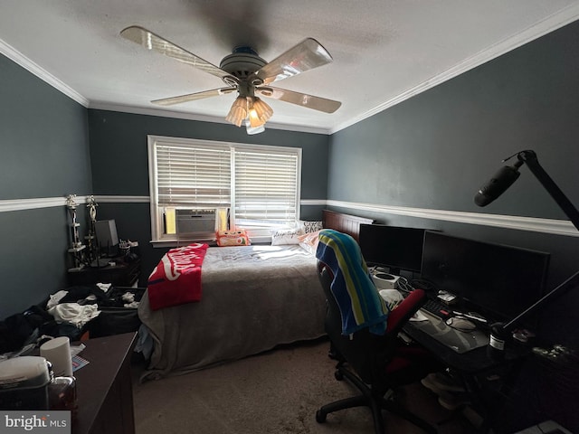 carpeted bedroom featuring cooling unit, ceiling fan, and ornamental molding