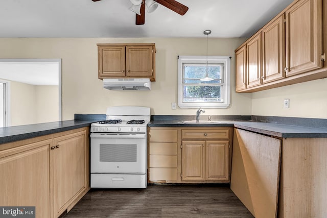 kitchen with light brown cabinetry, dark hardwood / wood-style flooring, white gas range, sink, and decorative light fixtures