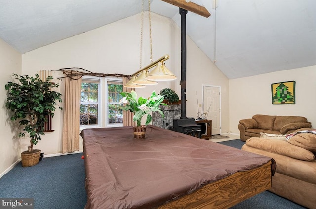 rec room featuring a wood stove, carpet flooring, baseboards, high vaulted ceiling, and pool table