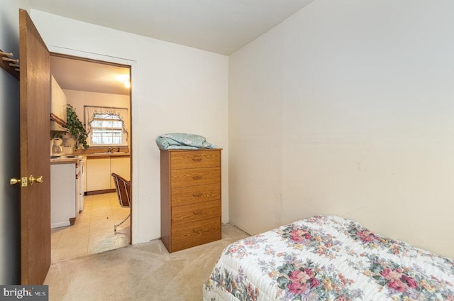 bedroom with light colored carpet