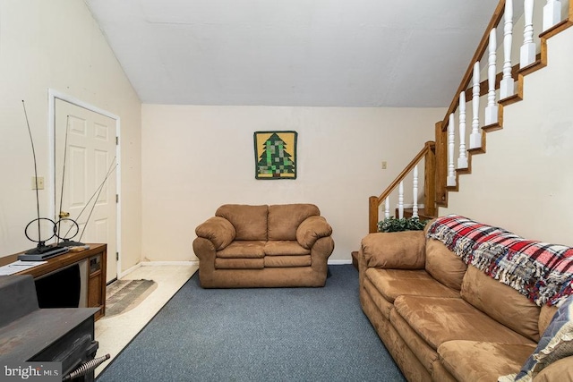 living area with carpet flooring, vaulted ceiling, stairs, and baseboards