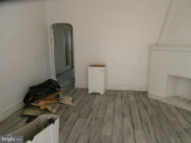 interior space featuring light hardwood / wood-style floors and a brick fireplace