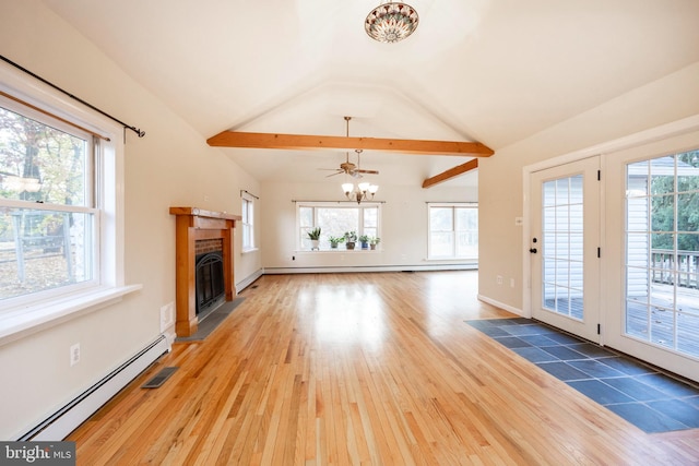 unfurnished living room featuring a chandelier, hardwood / wood-style floors, lofted ceiling with beams, and a baseboard radiator