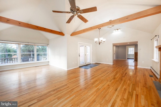 unfurnished living room featuring beamed ceiling, light hardwood / wood-style floors, high vaulted ceiling, and a baseboard heating unit