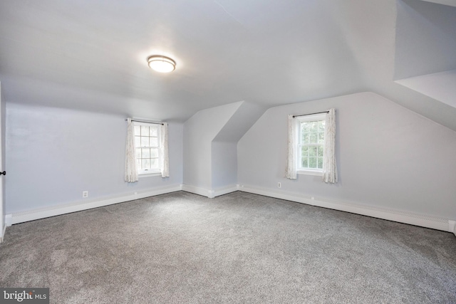 additional living space with carpet flooring, vaulted ceiling, and a baseboard heating unit