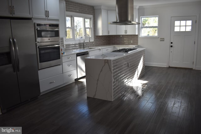 kitchen with a center island, sink, wall chimney exhaust hood, stainless steel appliances, and dark hardwood / wood-style floors