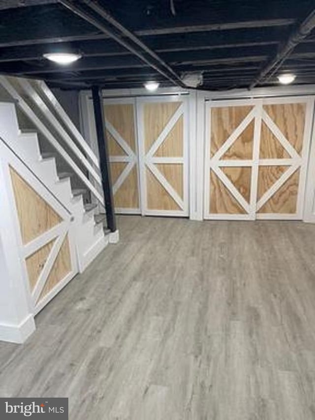 basement with hardwood / wood-style floors