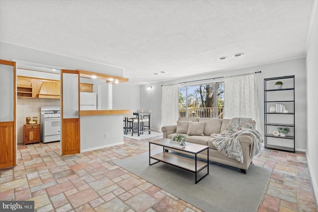 living room with a textured ceiling