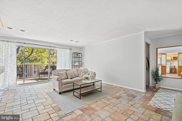 living room featuring a textured ceiling