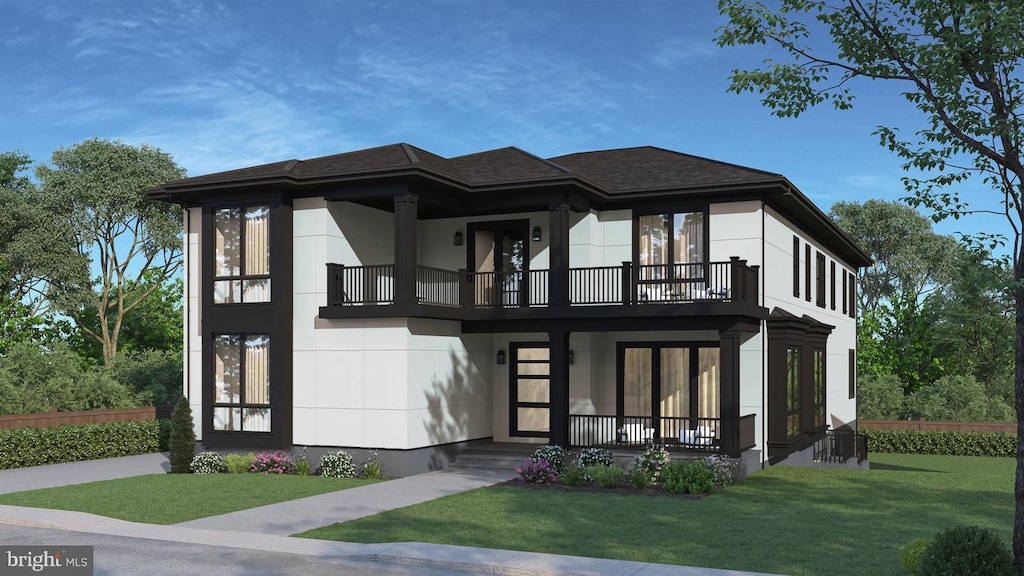 view of front of house featuring a balcony, a porch, and a front lawn