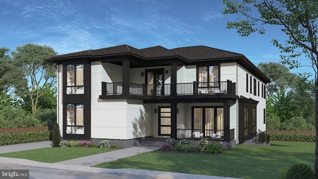 view of front of house featuring a balcony, a porch, and a front lawn