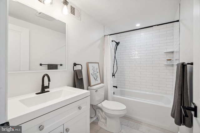 full bathroom with tile patterned floors, vanity, shower / bath combination with curtain, and toilet