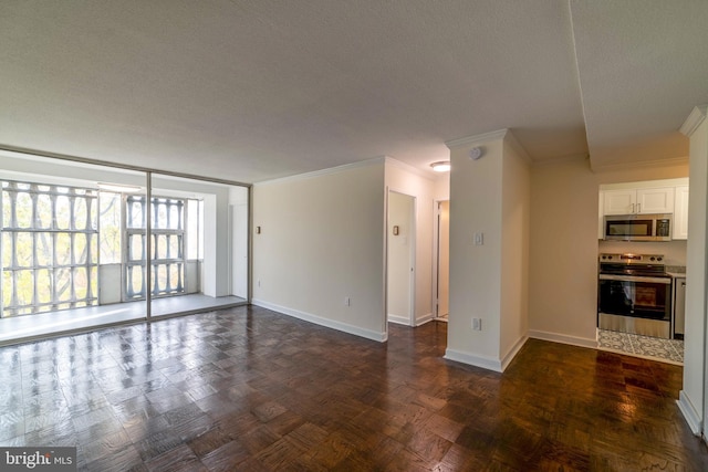 interior space with crown molding, dark parquet floors, and a textured ceiling