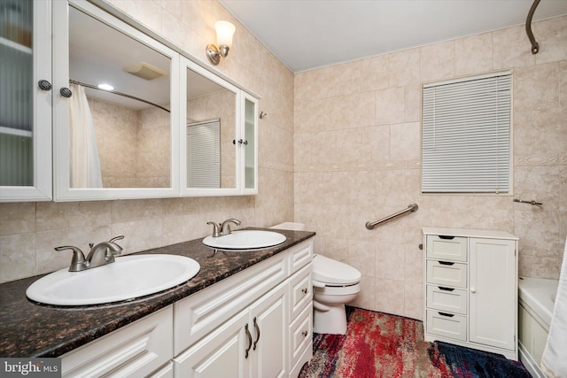 full bathroom with backsplash, vanity, toilet, and tile walls