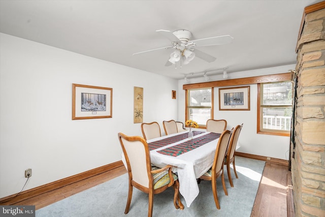 dining space featuring light hardwood / wood-style floors, track lighting, a wealth of natural light, and ceiling fan