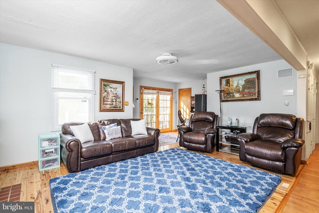 living room featuring wood-type flooring and a textured ceiling