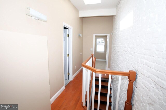 corridor with a skylight and wood-type flooring