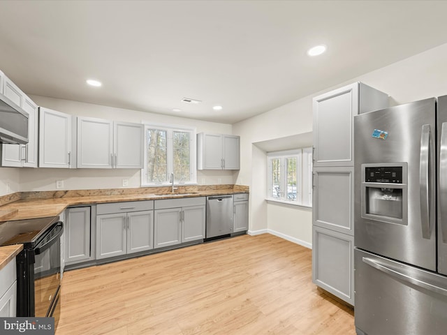 kitchen featuring gray cabinetry, butcher block counters, sink, light hardwood / wood-style floors, and appliances with stainless steel finishes