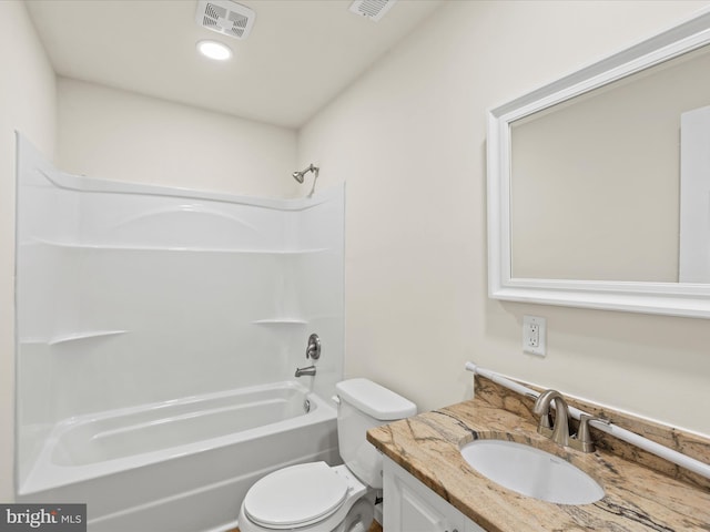 full bathroom featuring vanity, toilet, and tub / shower combination