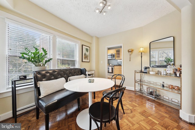 dining space with a textured ceiling, parquet floors, and a healthy amount of sunlight