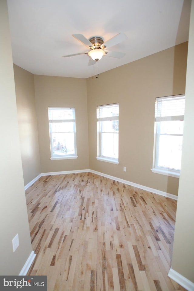 empty room featuring ceiling fan and light wood-type flooring