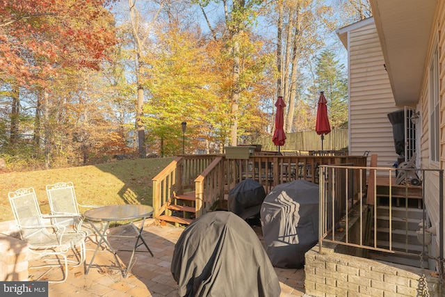 view of patio featuring a deck and a grill