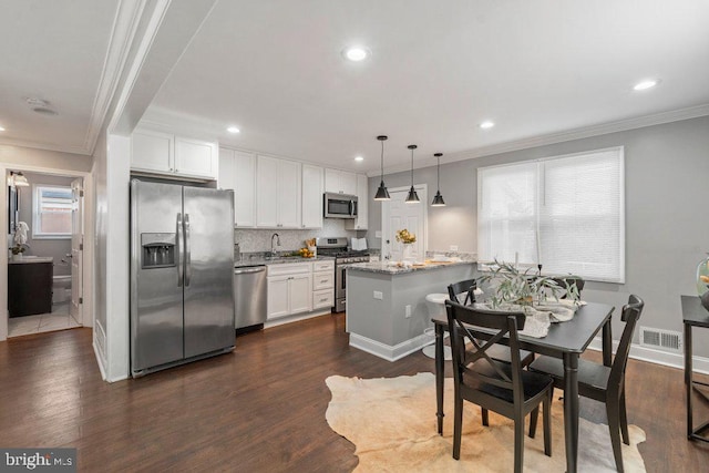 kitchen with light stone countertops, hanging light fixtures, dark hardwood / wood-style floors, and appliances with stainless steel finishes