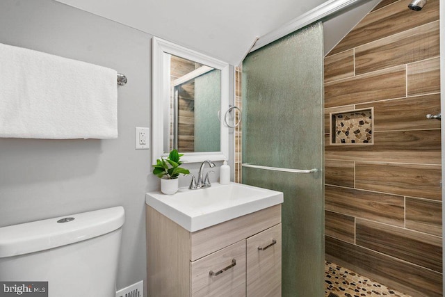 bathroom with vanity, toilet, and a shower