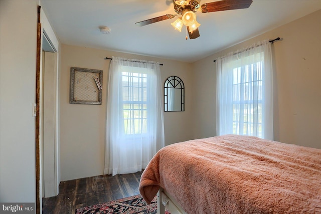 bedroom featuring multiple windows, ceiling fan, and dark wood-type flooring