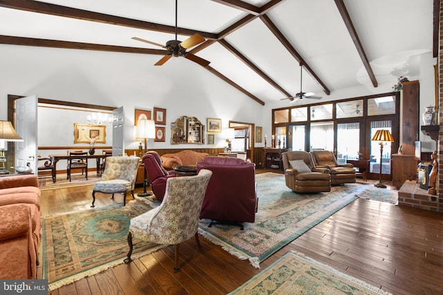 14445 Kings Grant Ln, Doswell, VA 23047 - living room featuring ceiling fan, high vaulted ceiling, beam ceiling, wood-type flooring, and a chandelier