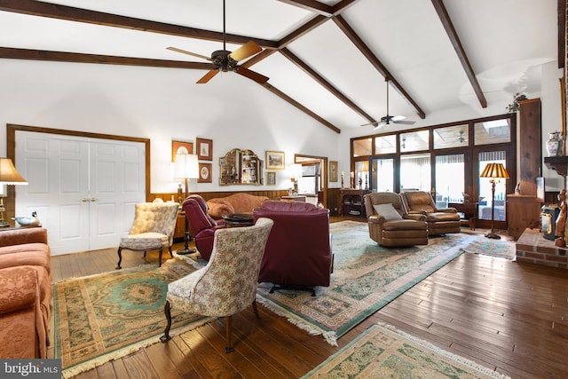 14445 Kings Grant Ln, Doswell, VA 23047 - living area featuring a ceiling fan, beam ceiling, hardwood / wood-style flooring, and high vaulted ceiling