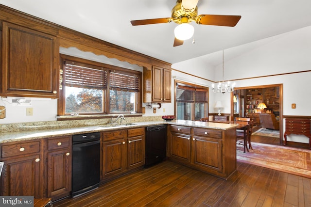 kitchen with sink, dark wood-type flooring, black dishwasher, kitchen peninsula, and lofted ceiling