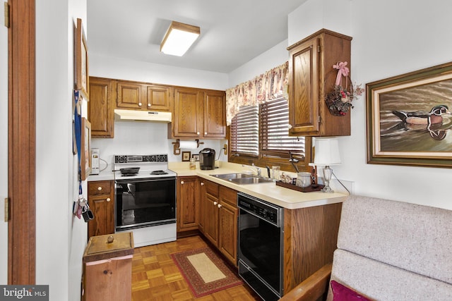 kitchen with white electric range, black dishwasher, dark parquet flooring, and sink