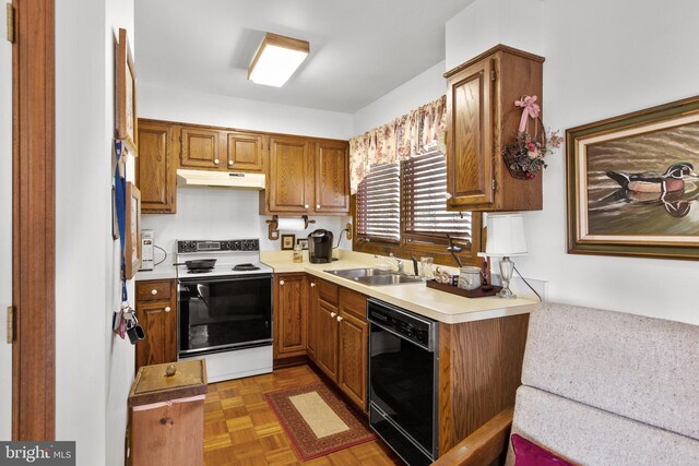 14445 Kings Grant Ln, Doswell, VA 23047 - kitchen with electric range oven, dishwasher, a sink, under cabinet range hood, and brown cabinetry