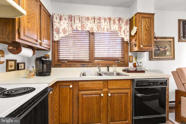 kitchen featuring dishwasher, white electric range, range hood, and sink