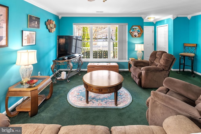 carpeted living room featuring ornamental molding