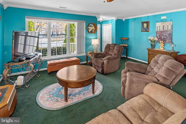 carpeted living room with ornamental molding