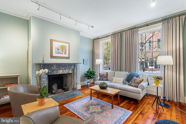 living room with hardwood / wood-style flooring, a healthy amount of sunlight, rail lighting, crown molding, and a fireplace