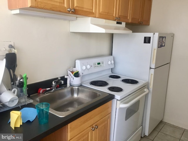 kitchen featuring white electric range oven, light tile patterned flooring, and sink