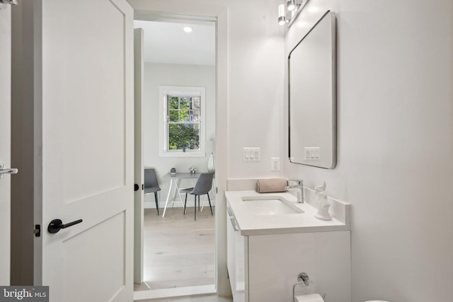 bathroom with hardwood / wood-style flooring and vanity