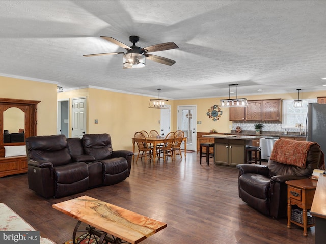 living room featuring ceiling fan with notable chandelier, dark hardwood / wood-style flooring, ornamental molding, and a textured ceiling