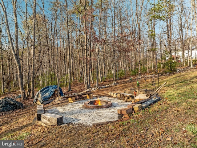 view of yard featuring an outdoor fire pit