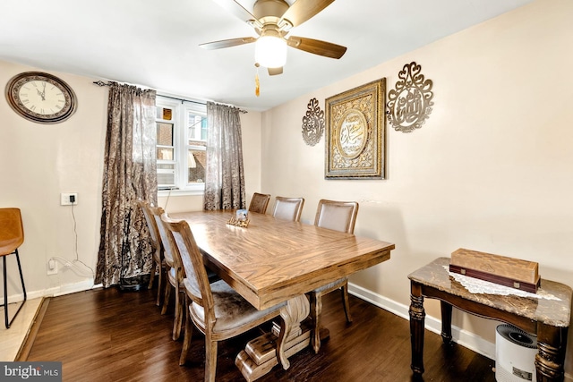 dining room with ceiling fan and dark hardwood / wood-style flooring