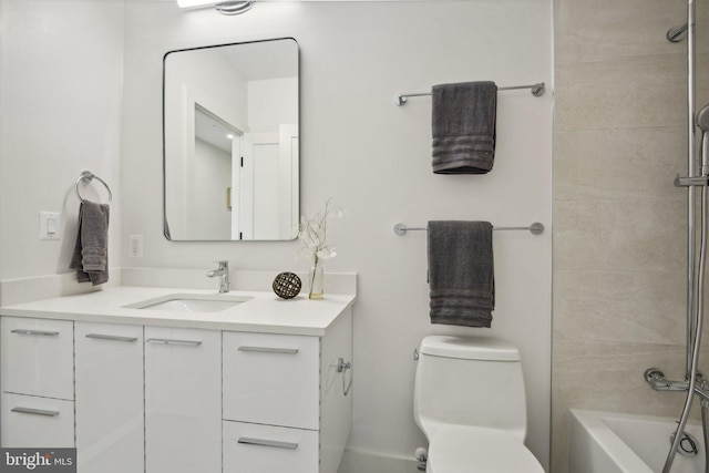 full bathroom featuring vanity, toilet, and tiled shower / bath combo