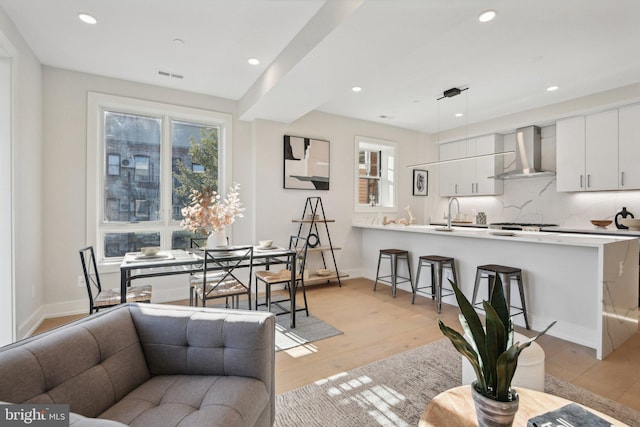 living room featuring light hardwood / wood-style floors and sink