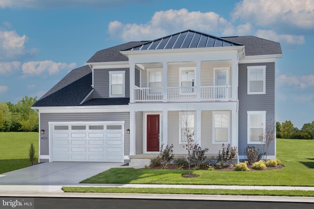 view of front facade with a front yard, a garage, and a balcony