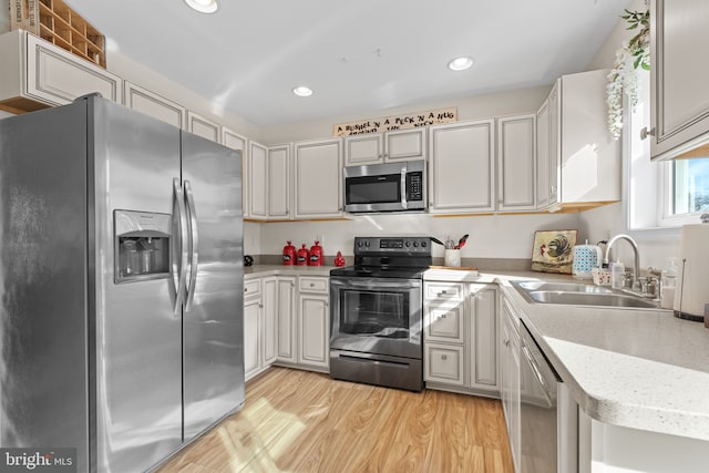 kitchen with light wood-type flooring, sink, and appliances with stainless steel finishes