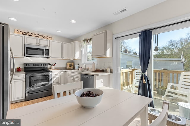 kitchen featuring sink, appliances with stainless steel finishes, and light hardwood / wood-style flooring