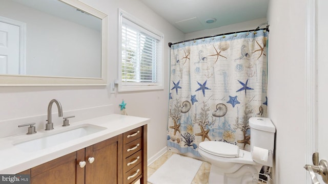 bathroom with walk in shower, tile patterned flooring, vanity, and toilet